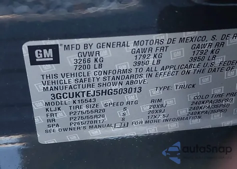 2017 Chevrolet Silverado 1500 High Country z USA, uszkodzony, nr VIN 3GCUKTEJ5HG503013